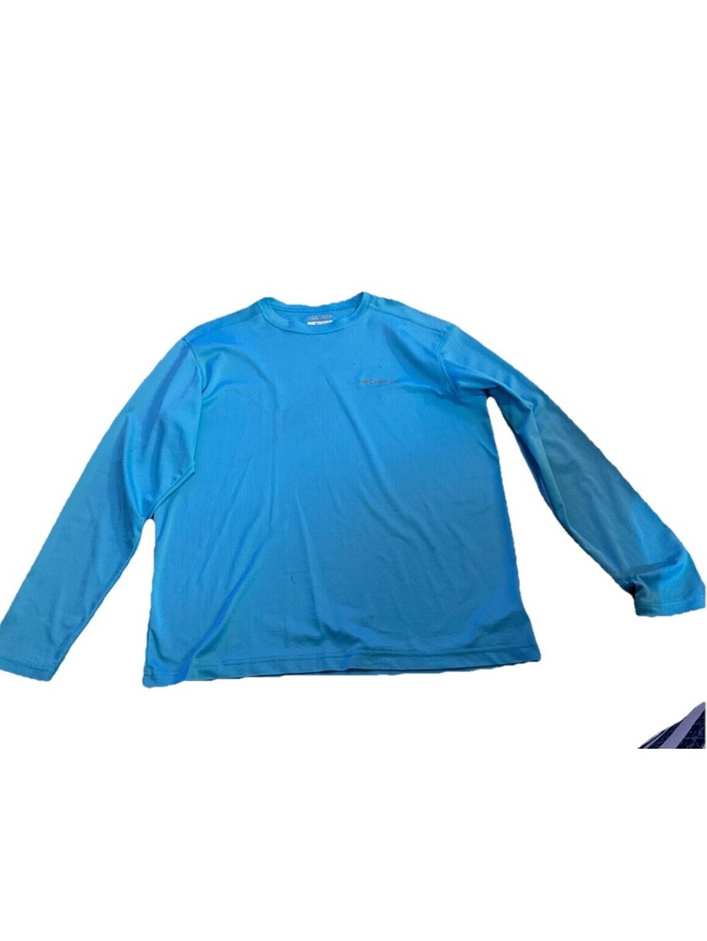 COLUMBIA MEN LONG SLEEVE SHIRT FISHING Teal BLUE L Stained Sleeve W/pin Hole